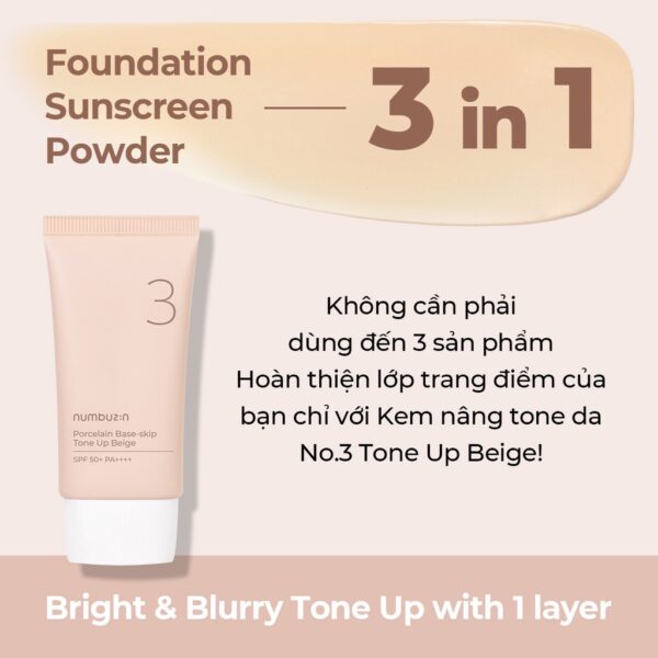 Kem Chống Nắng Numbuzin Porcelain Base-skip Tone Up Beige 3 SPF50+ PA++++ - Image 2